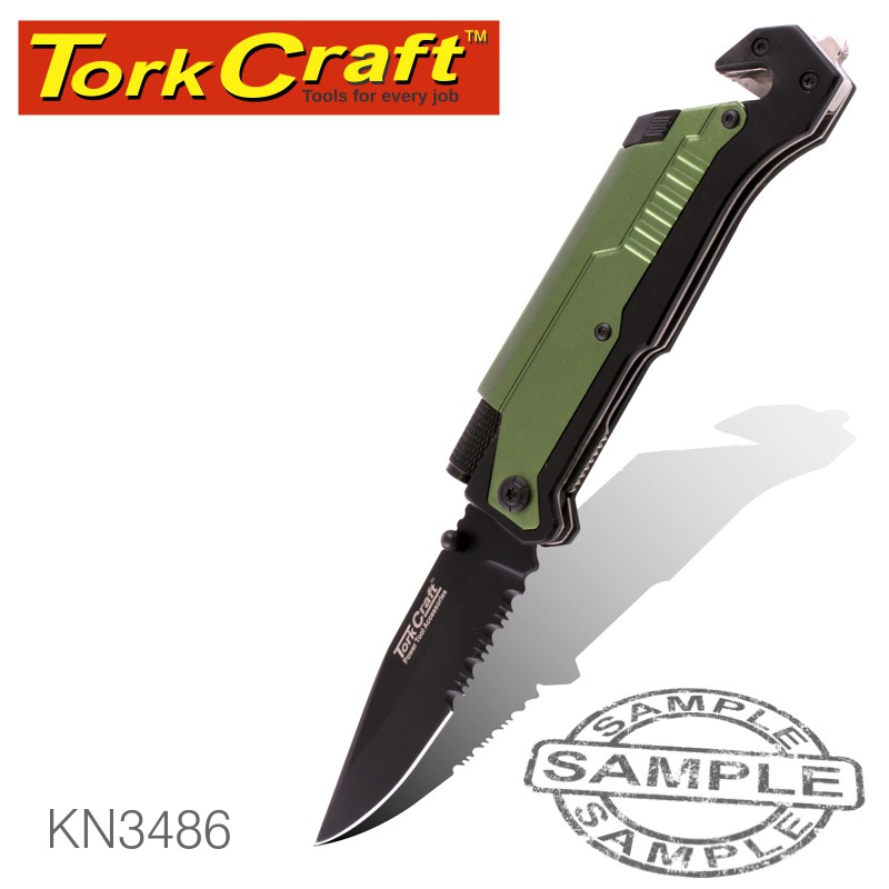 KNIFE SURVIVAL GREEN WITH LED LIGHT & FIRE STARTER IN DOUBLE BLISTER